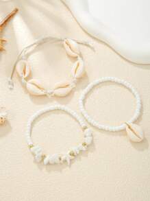 3pcs/Set Ocean Style Glass Beads, Crushed Stone, Resin Starfish & Shell Beaded Anklet, Suitable For Women Everyday & Beach Wear