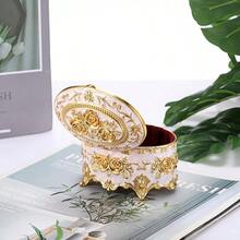 Vintage Metal Keepsake Box Oval Trinket Organizer Ring Box Case With Rose Design Jewelry Storage Container For Rings Earrings Necklaces And Gifts For Women - Beige - View 7
