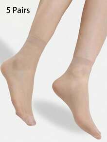 10 Pairs Women Sheer Nylon Ankle Socks, Thin Transparent Short Socks For Spring And Summer, Black And Nude Colors, Casual Design - Beige - View 11