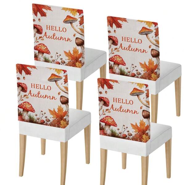 4pcs Chair Back Covers, Autumn Maple Leaf Mushrooms Farmhouse Style, 45*55cm Imitation Linen Material, Double-Sided Print Chair Cover, Suitable For Most Chairs Without Armrests, Seat Covers For Home Kitchen Daily Festival Decor