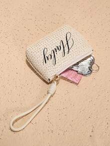 1pc Customized Women's Straw Clutch Bag, Can Customize Your Name, Bohemian Style Summer Beach Bag With Zipper, Wrist Strap Wallet, Fits Phone, Coins & Keys - Lightweight, Washable, Polyester Lining - Khaki/Beige, Beach Accessory | Bohemian Style | Straw Material, Beach Bag - Multicolor - View 4