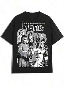 Black And White Misfits Illustration Design,Casual Print,Comfortable And Versatile,Pure Cotton 220g Printed T-Shirt,Unisex Style - màu đen - Xem 1