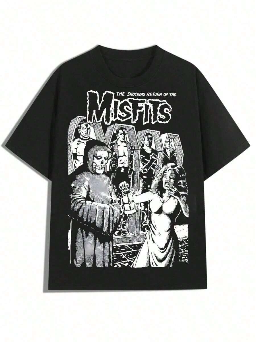 Black And White Misfits Illustration Design,Casual Print,Comfortable And Versatile,Pure Cotton 220g Printed T-Shirt,Unisex Style - màu đen - Xem 1