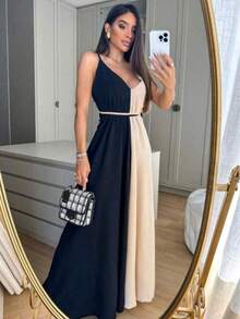 Women's Long Biocolor Dress Comfortable Gender Reveal Party - 黑色/米色 - 查看 3