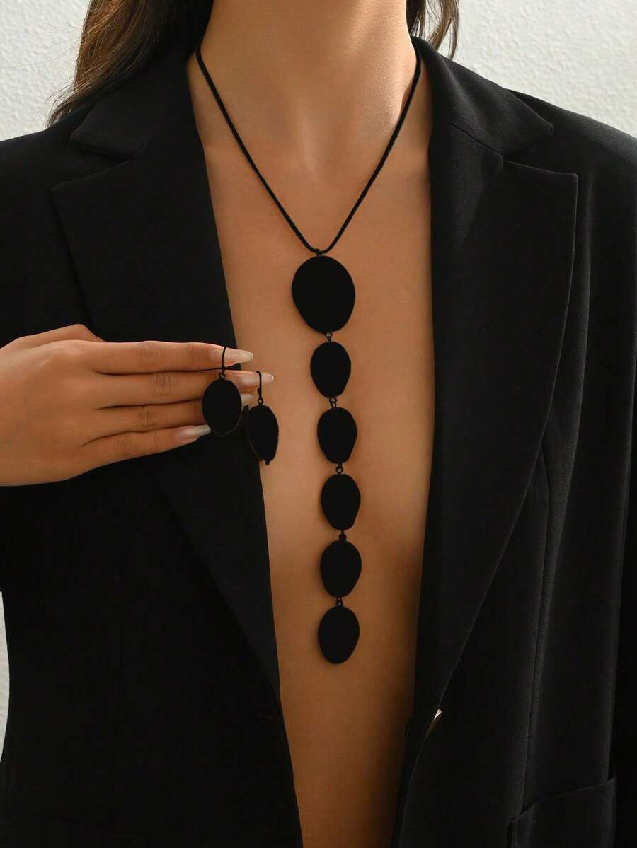 2 件套黑色现代金属几何不对称椭圆形抛光超大长吊坠项链和耳环套装，独特的珠宝套装，蛇骨链 Y 形项链，派对/正装配饰套装