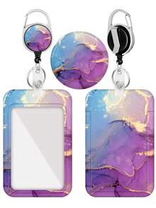 Retractable Badge Holder, Heavy Duty Vertical ID Card Badge Protector Case With Marble Texture, Suitable For Work Office Nurse Medical Student Teacher, For Ladies, Dark Purple,School Supplies,Back To School - one-size - View 9