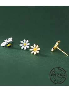 1 Pair S925 Sterling Silver Simple Personalized Korean Style Rhinestone Bee & Daisy Stud Earrings For Women - one-size - View 2