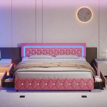 Twin/ Full/ Queen Bed Frame With Drawers, Upholstered Bed Frame With LED Lights, Modern Platform Bed Frame With Headboard And Footboard, Diamond Tufted Design, No Box Spring Needed, White/ Pink/ Black/ Purple/ Yellow (Twin Size 2 Drawers/ Other Size 4 Drawers) * Bed Frame Queen Bed Frame Bed Queen Bed Frame King Bed Frame Bedroom Furniture Bed Frame Full Full Size Bed Frame Twin Bed Frame Beds Cozy Bedroom Home Bedroom Refresh Room Decor Home Decor Christmas Decor Bedroom Decor Valentine Day Decor Storage Living Room Decor Furniture House Decor Halloween Decorations  ( USB LED Strip) - 粉色 - 查看 12