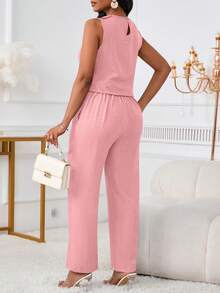 2 件套女士时尚休闲优雅无袖上衣和长裤套装，带斜口袋和纽扣细节 - 淺粉色 - 查看 4