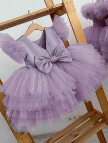 Baby Girl Bowknot Flutter Sleeve Light Purple Elegant Princess Dress, Suitable For Baby Girl's Birthday, Wedding, Party, Holiday Celebration, Formal Occasion Dress - 紫色 - 查看 2