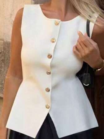 Women's Fashion Metal Buckle Slit Knit Sleeveless Fitted Vest Cardigan Top