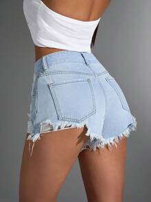 Jeanoix Pantaloni scurți din denim cu talie înaltă și rupturi și tiv brut