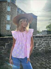 Women Shirt, Fly Sleeve Button-Down Plaid/Floral Loose Summer Tops For Casual Daily - Pink - View 3