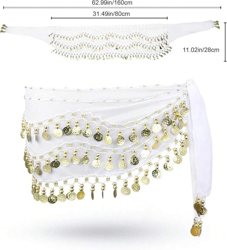 Chiffon Belly Dance Hip Scarf With 128 Coins For Yoga Class - White - View 11