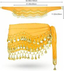 Chiffon Belly Dance Hip Scarf With 128 Coins For Yoga Class - Yellow - View 4