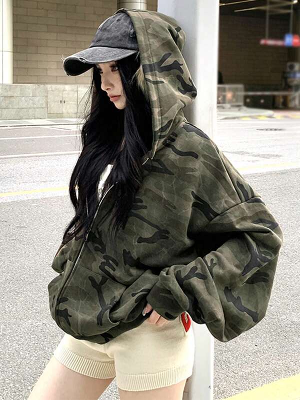 Camouflage Hooded Sweatshirt Jacket, American Vintage Street Style, 100% Cotton Zip-Up Top, (Camouflage Pattern Random)