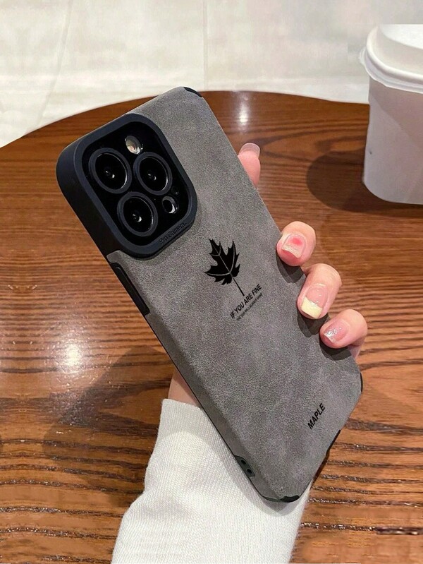 1pc Gray Leather Grain English + Maple Leaf Anti-Fall Phone Case, Compatible With IPhone 16 Pro Max, IPhone 16 Pro, IPhone 11/12/13/14/15/16, IPhone 15 Pro