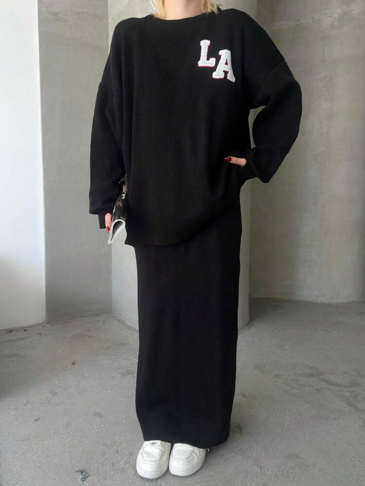 Button Detailed Skirt Set, Solid Color Casual Split Ribbed Button Co-Ord Set For Home Wear - Black - View 4
