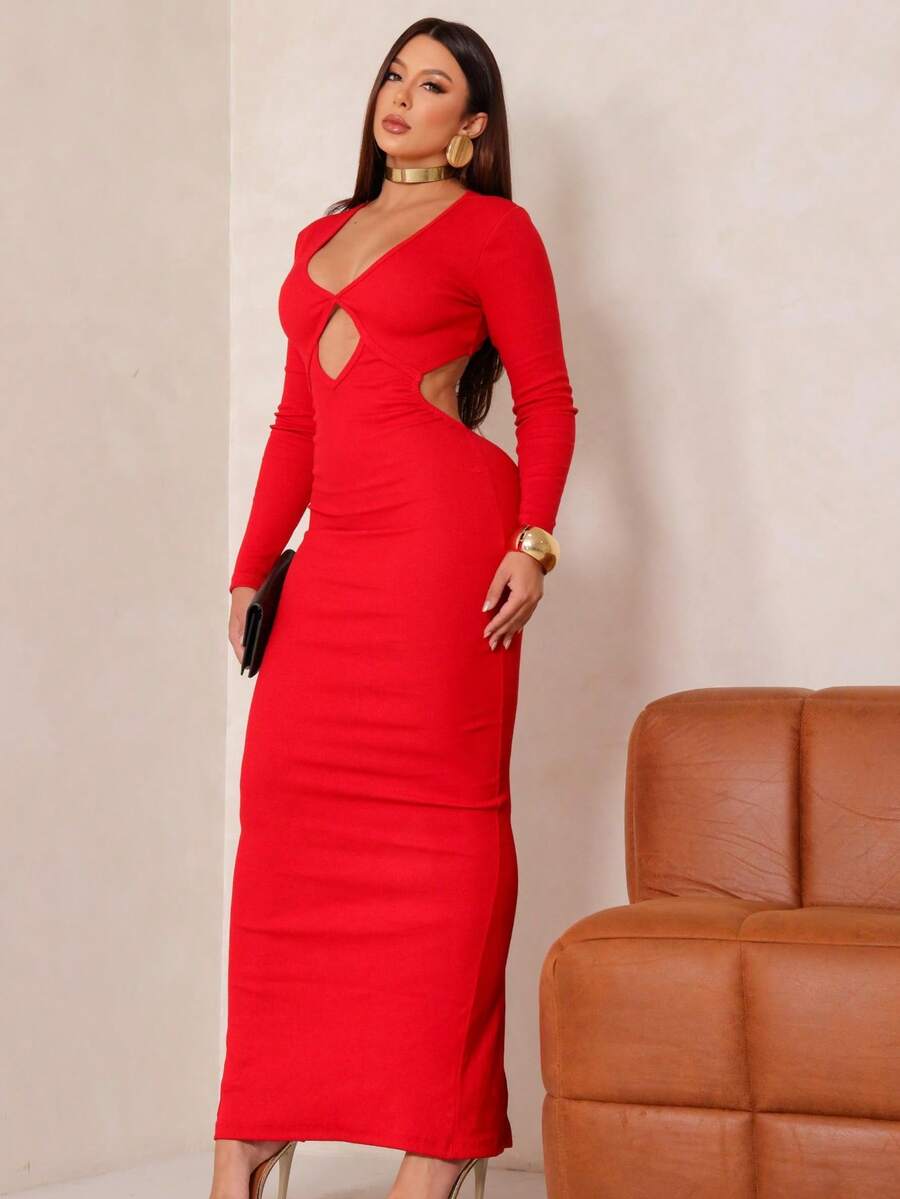Long Sleeve Dress With Neckline And Slit At The Back For Women - Rojo - Ver 1