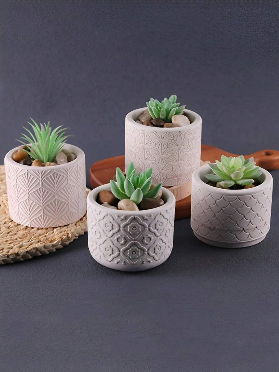 DIY Leaf, Fish Scale, Floral Pattern Round Succulent Planter Silicone Mold, Concrete/Cement/Gypsum/Epoxy Resin/Candle Cup/Storage Container Mold - White Silicone Mold - View 1