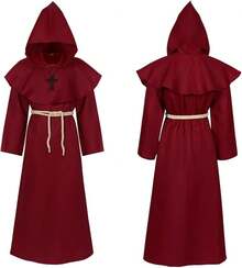 Friar Medieval Monk Robe Renaissance Priest Robe Necklace Halloween Cosplay Costume Adult Teens Long Cape - Màu Đỏ Sâu - Xem 7