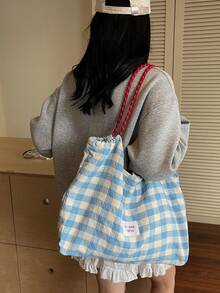 新款优雅刺绣花环蝴蝶结字母大容量托特包，女士时尚百搭单肩手提包，适合夏季户外旅行沙滩，格纹休闲单肩托特包，旅行包 - 淺藍色 - 查看 7