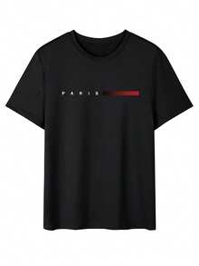 男士字母印花圆领短袖休闲 T 恤，夏季 - 黑色 - 查看 2