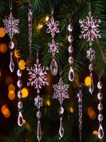 18 قطعة من زينة عيد الميلاد البلورية لتزيين شجرة عيد الميلاد - نجوم الثلج والجليد المعلقة من الأكريليك بلون الشمبانيا مع علاقات، مناسبة لديكور حفلات عيد الميلاد وحفلات رأس السنة الجديدة