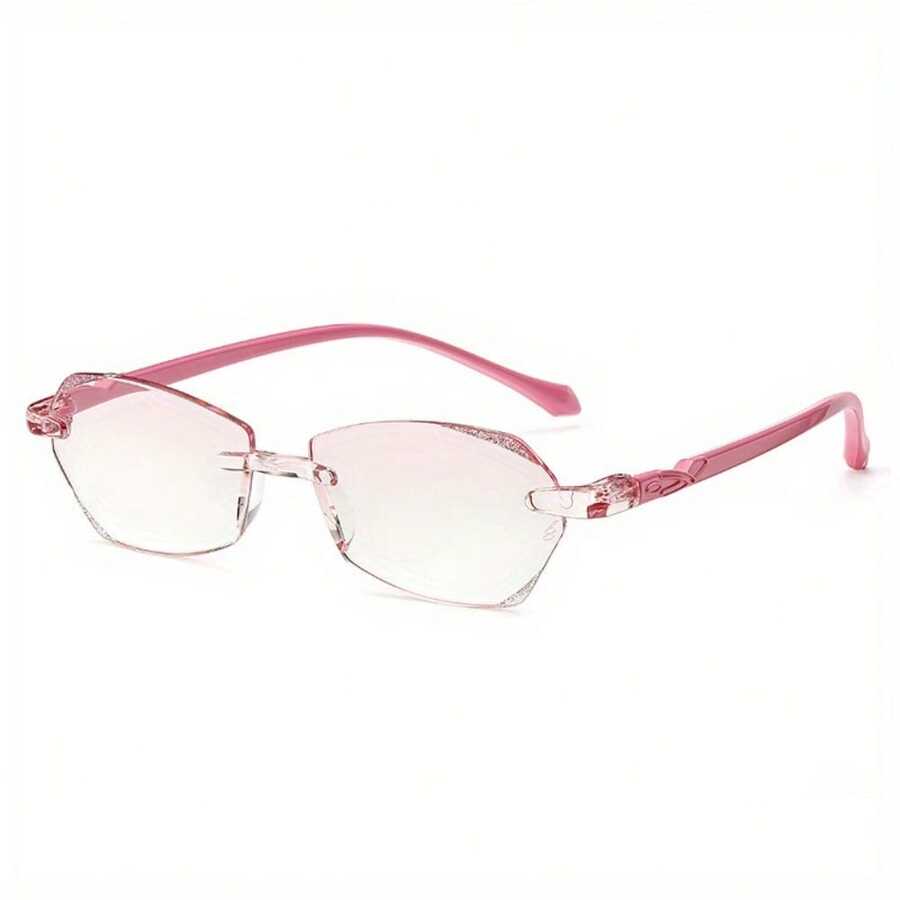 Fashion Diamond-Cut Reading Glasses, Luxurious Frameless Presbyopic Glasses, Ladies' Distance Vision Prescription Glasses - 粉色 - 查看 1