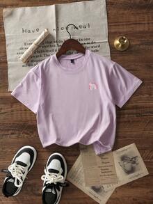 青少年女孩休闲印花紫色圆领短袖T恤上衣，夏季 - 淡紫色 - 查看 4
