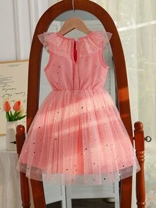 年轻女孩夏季轻盈网眼 V 领松紧腰公主裙，带星星贴花，优雅适合生日海滩派对 - 西瓜粉 - 查看 2