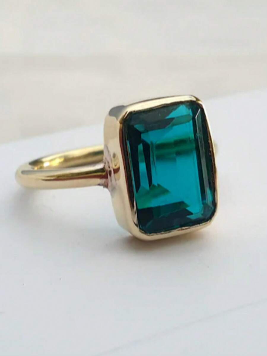 1pc Elegant Navy Blue Cubic Zirconia Rectangular Ring, Engagement Wedding Ring, Valentine's Day Gift