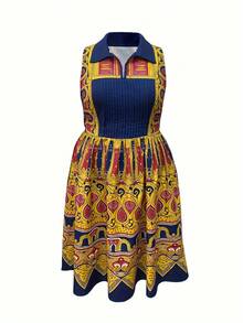 Plus Size Ladies Lapel  Print Sleeveless Dress - 彩色 - 查看 3