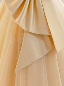 Young Girl Khaki Bow Decor Tulle Christmas Party Elegant Dress, Princess Dress, Girls Birthday Party Gift, Flower Girl Wedding Dress, Holiday Celebration