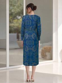 Floral Print V Neck Midi Dress For Women - Lightweight Chiffon With A-Line Silhouette  Elastic Waist - Elegant Summer Dress For Party, Date  Daily Wear - 藍色 - 查看 6