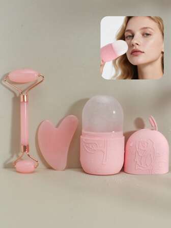 3 件套面部美容按摩冰块托盘小工具套装 - 滚轮按摩器、面部提拉紧致刮刀、粉色和白色可选、美容、护肤产品、水疗、自我护理、护肤工具、面部护理、美容师用品、按摩、面部按摩工具、面部滚轮