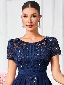 MIUSOL Sequin Floral Lace Contrast Chiffon Round Neck Pleated Hem Evening Party Long Dress Summer Elegant - Navy Blue - View 9