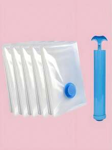 1/2/3/5 pezzi Sacchetti per il sottovuoto salvaspazio con 1 pompa manuale - Riutilizzabili, borse da viaggio in plastica portatili, sacchetti per conservare i vestiti, sacchetti per il sottovuoto in PET, semplici sacchetti per la compressione sottovuoto trasparenti per uso domestico per vestiti, coperte, camicie, organizzatore salvaspazio per casa, dormitorio, armadio, camera da letto, bagno, decorazioni. Sacchetti per la scuola, accessori scolastici, roba scolastica