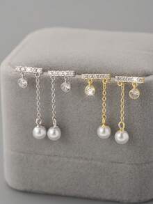 1 对复古 S925 纯银方晶锆石和珍珠吊坠耳钉，精致女士珠宝配饰，是送给朋友、周年纪念、生日的理想礼物