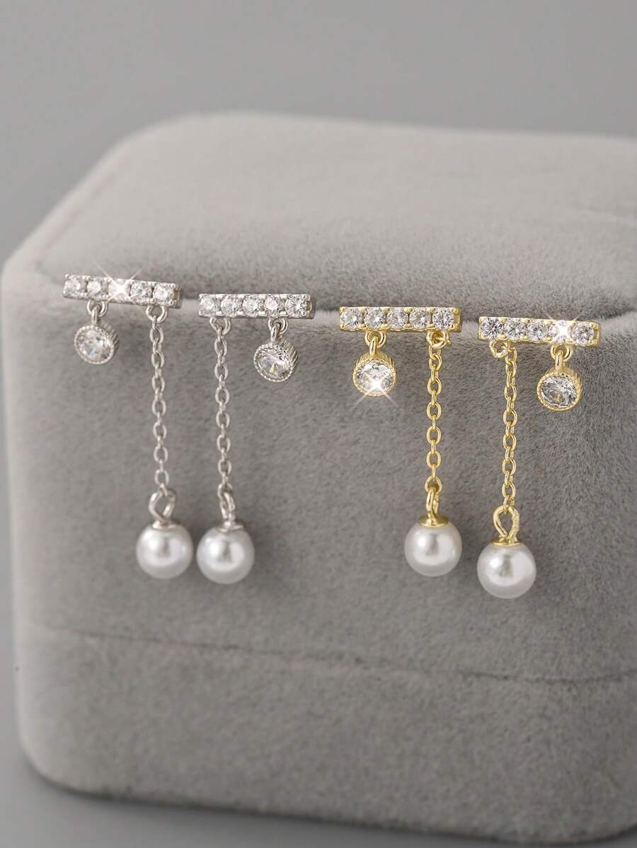 1 对复古 S925 纯银方晶锆石和珍珠吊坠耳钉，精致女士珠宝配饰，是送给朋友、周年纪念、生日的理想礼物