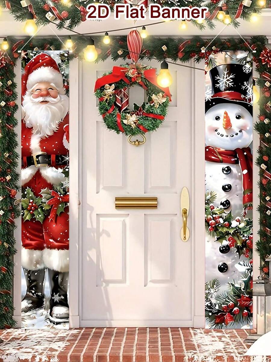 2 pièces/paquet Panneau de porte de Noël style aquarelle 30*180cm Matériau polyester Père Noël Bonhomme de neige Panneau de porte de Noël Couplet Joyeux Noël Décoration de maison 2025 Décoration suspendue de Noël Décoration de porche Panneau Cadeau Bonne Année 2026 Décoration d'hiver des fêtes
