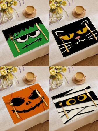 Juego de 4 piezas/6 piezas/60 piezas de Manteles individuales de Halloween, manteles individuales de lino con estampados de gato científico, calabaza y momia, resistentes a las manchas, adecuado para el hogar, restaurante, decoración de mesa de comedor, suministros del hogar