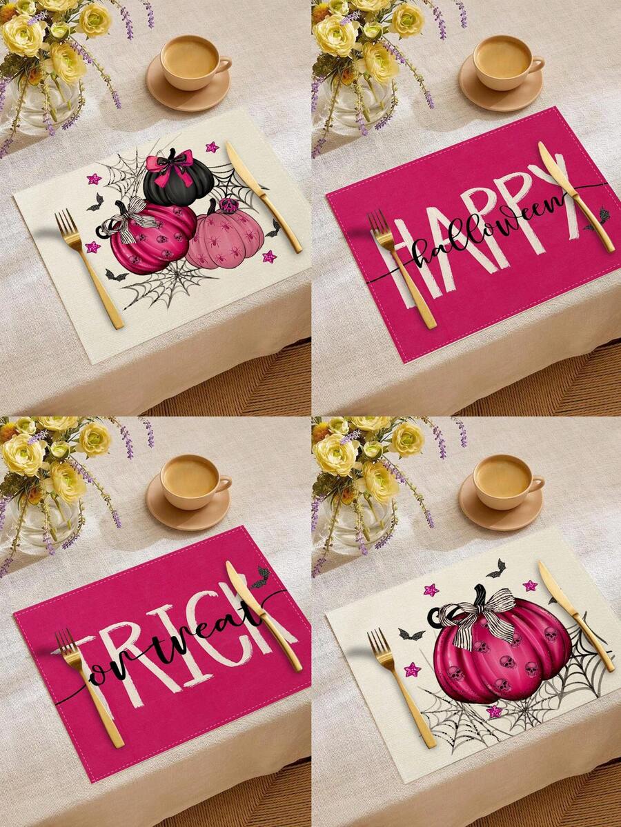 4pcs/6pcs/60pcs Halloween Placemats, Pink Pumpkin, Spider Web, Skull, Bat & Letter Linen Placemats, Dirt-Resistant For Home, Restaurant, Dining Decoration - Multicolor - View 1