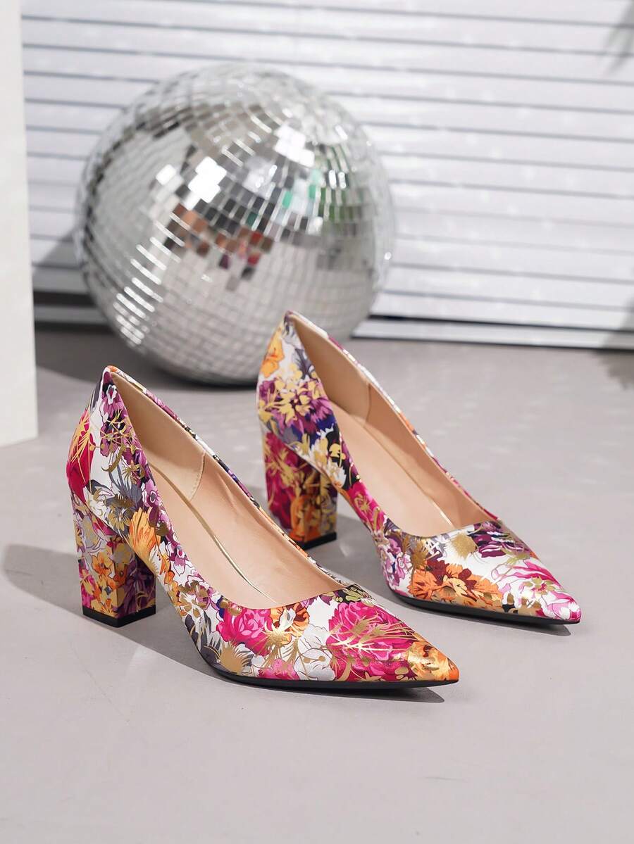 大码女式时尚优雅香槟色印花舒适粗跟高跟鞋，适合秋冬季穿着 - 玫紅色 - 查看 1