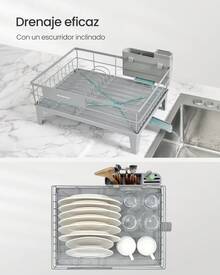 SONGMICS Escurreplatos, Escurridor para Cocina, Giratorio 360° y Extensible, con Soporte para Cubiertos, 31 x 42 x 18.5 cm, Gris Paloma - Gris - Ver 3