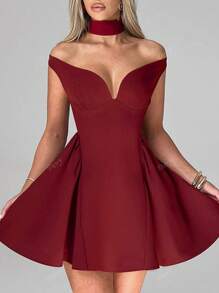 Women's Party Event Cocktail Mini Dress With Detachable Scarf, Sexy Spaghetti Strap V-Neck Ruched Flounced Dress