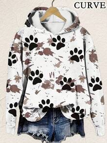 Plus Size Women's Casual Long Sleeve Hooded Paw Print Sweatshirt - Multicolor - View 1