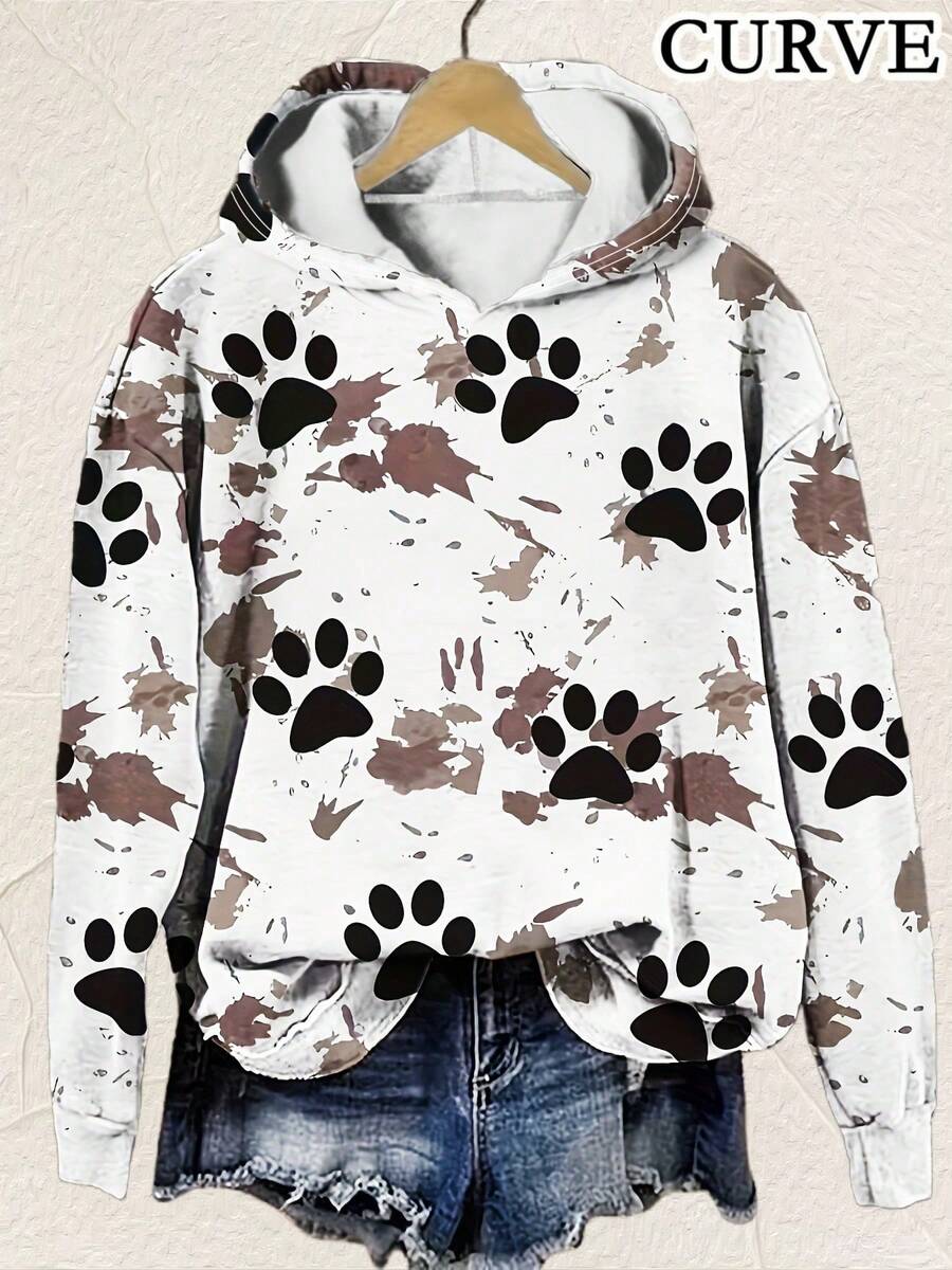 Plus Size Women's Casual Long Sleeve Hooded Paw Print Sweatshirt - Multicolor - View 1