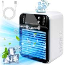Ventilador de aire acondicionado portátil recargable por USB con función de enfriamiento, batería de 3000mAh, humidificador por pulverización, ajuste de doble velocidad, diseño compacto para uso en el hogar/oficina y comodidad al aire libre