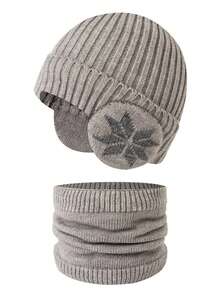 1件装雪花图案儿童护耳帽围巾套装，针织，保暖内衬，加厚，适合冬季户外骑行